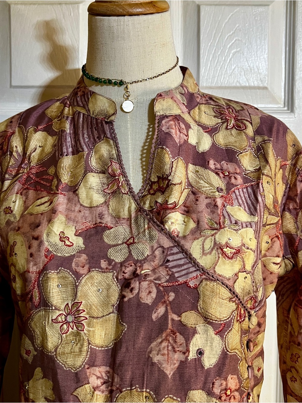 Ethnic Wms Cotton Muslin Floral Lilac Boho Sequin Wrap Side‎ Slits Midi Kaftan L - Picture 3 of 14